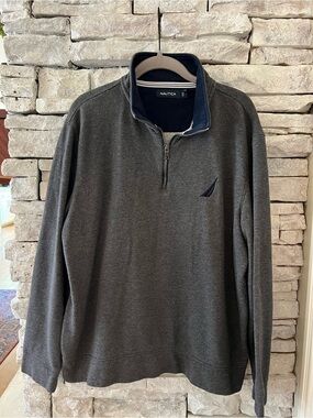 Nautica Men's Dark Charcoal Quarter-Zip Sweater with Navy Trim